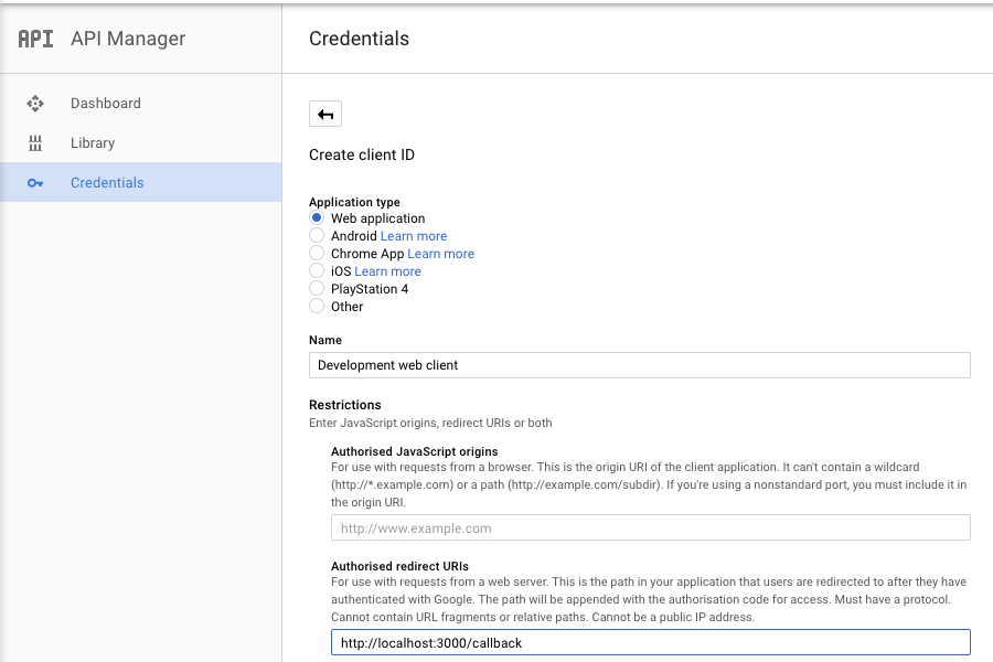 Screenshot: creating client credentials