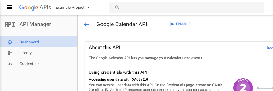 Screenshot: enabling the Google Calendar API